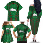 South Sydney Rabbitohs Rugby Mascot Family Matching Off The Shoulder Long Sleeve Dress and Hawaiian Shirt Australian Rugby Culture - Tribal Inspired Bunny