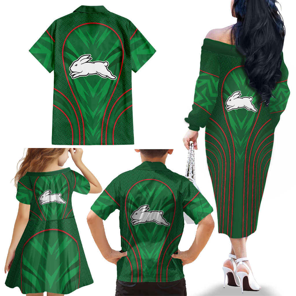 South Sydney Rabbitohs Rugby Mascot Family Matching Off The Shoulder Long Sleeve Dress and Hawaiian Shirt Australian Rugby Culture - Tribal Inspired Bunny