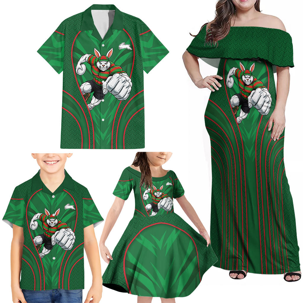 South Sydney Rabbitohs Rugby Mascot Family Matching Off Shoulder Maxi Dress and Hawaiian Shirt Australian Rugby Culture - Tribal Inspired Bunny