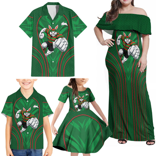 South Sydney Rabbitohs Rugby Mascot Family Matching Off Shoulder Maxi Dress and Hawaiian Shirt Australian Rugby Culture - Tribal Inspired Bunny