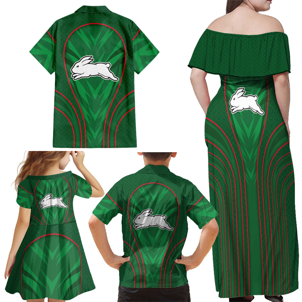 South Sydney Rabbitohs Rugby Mascot Family Matching Off Shoulder Maxi Dress and Hawaiian Shirt Australian Rugby Culture - Tribal Inspired Bunny