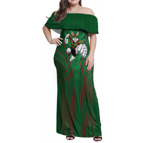 South Sydney Rabbitohs Rugby Mascot Family Matching Off Shoulder Maxi Dress and Hawaiian Shirt Australian Rugby Culture - Tribal Inspired Bunny