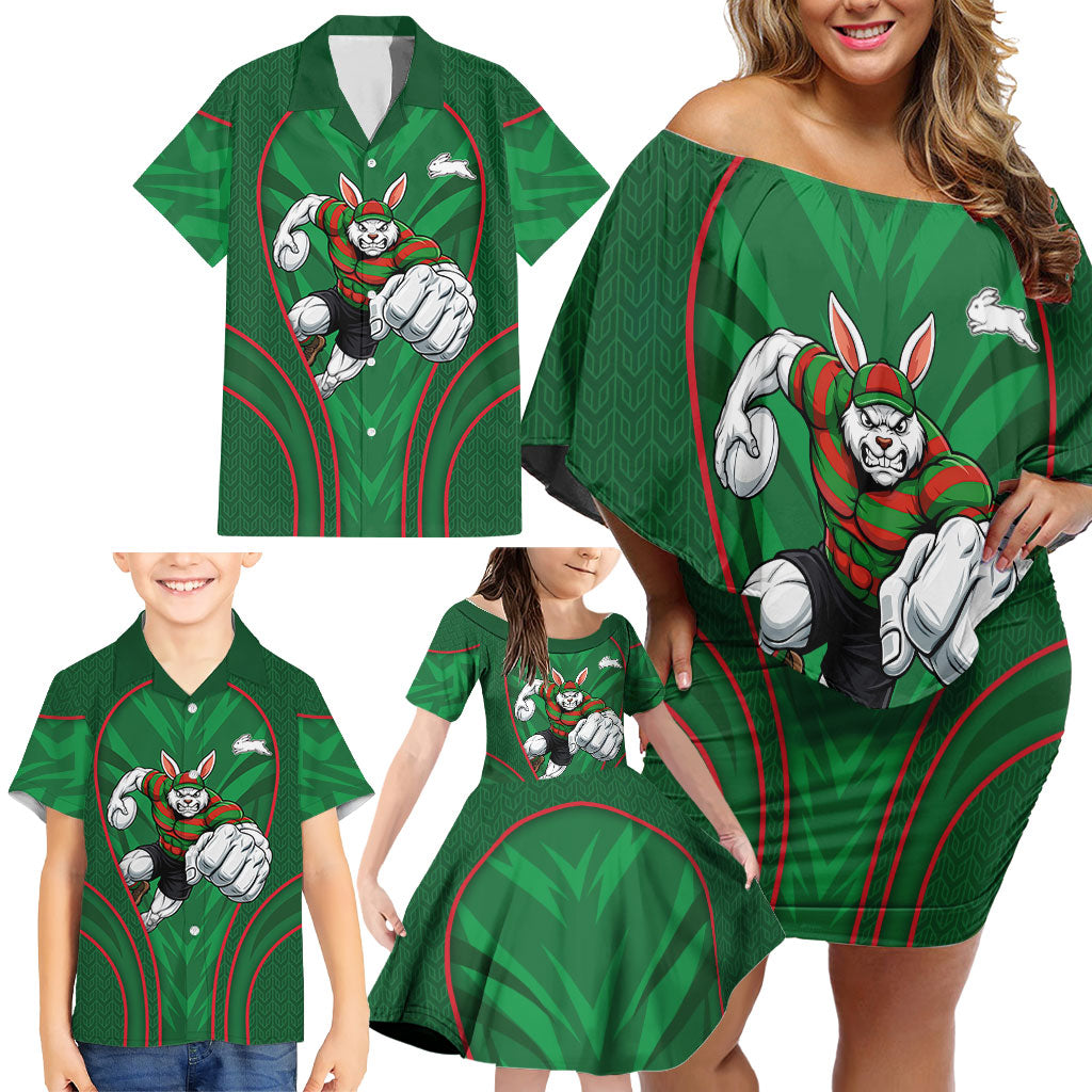 South Sydney Rabbitohs Rugby Mascot Family Matching Off Shoulder Short Dress and Hawaiian Shirt Australian Rugby Culture - Tribal Inspired Bunny
