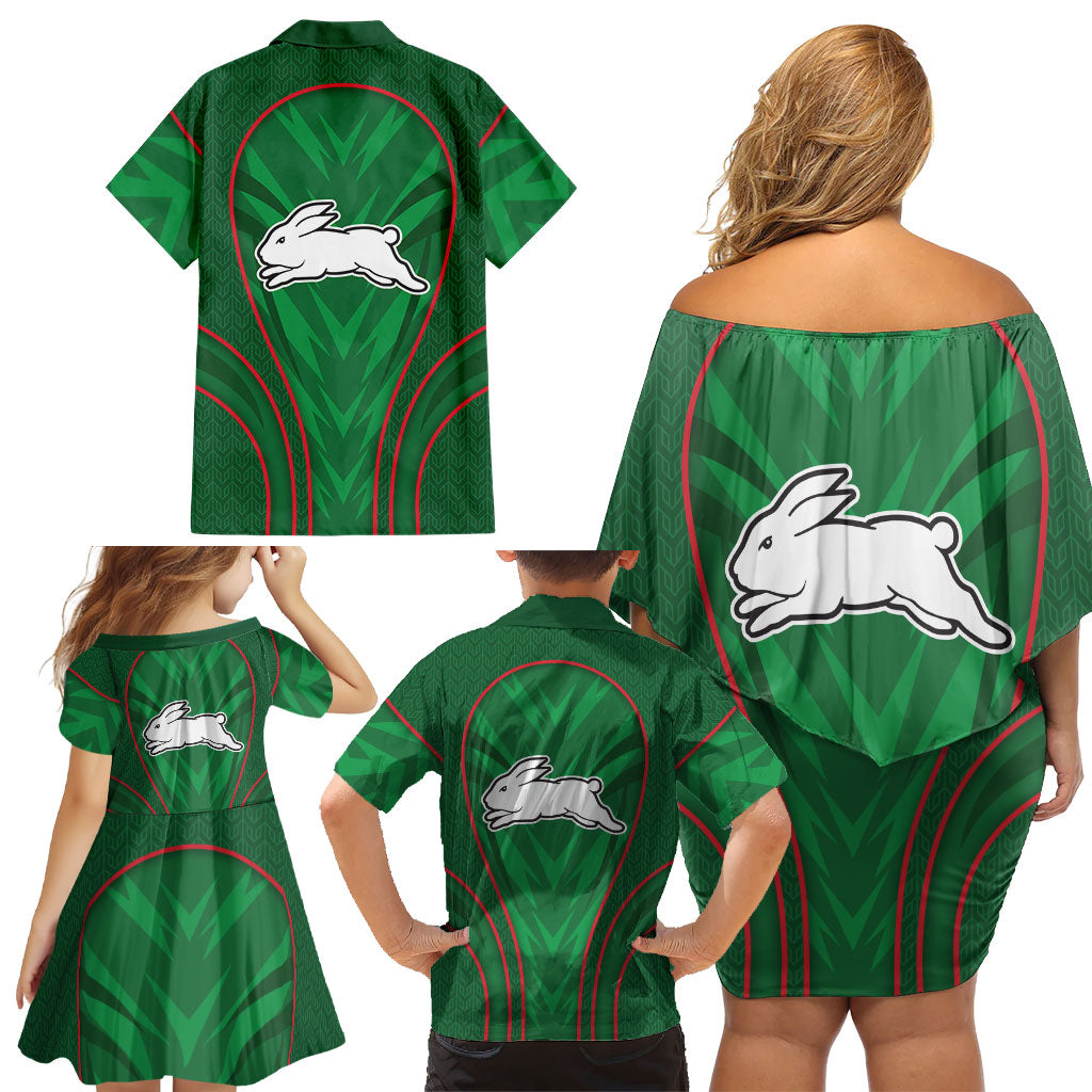 South Sydney Rabbitohs Rugby Mascot Family Matching Off Shoulder Short Dress and Hawaiian Shirt Australian Rugby Culture - Tribal Inspired Bunny