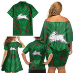 South Sydney Rabbitohs Rugby Mascot Family Matching Off Shoulder Short Dress and Hawaiian Shirt Australian Rugby Culture - Tribal Inspired Bunny