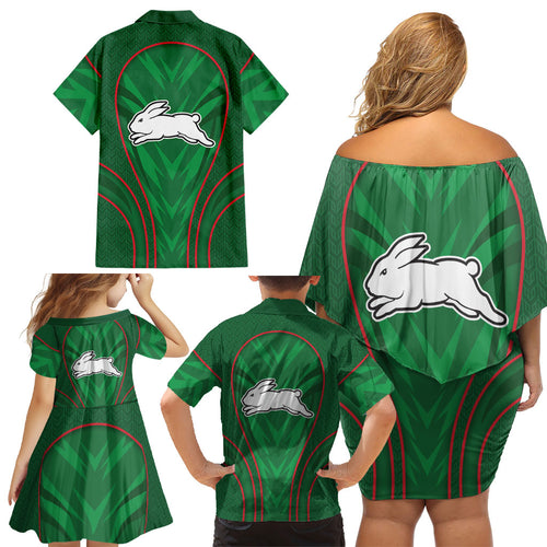 South Sydney Rabbitohs Rugby Mascot Family Matching Off Shoulder Short Dress and Hawaiian Shirt Australian Rugby Culture - Tribal Inspired Bunny