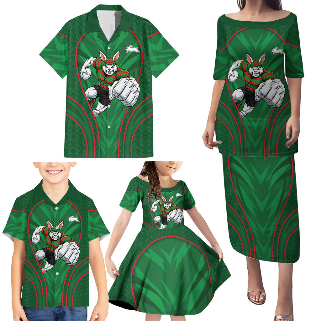 South Sydney Rabbitohs Rugby Mascot Family Matching Puletasi and Hawaiian Shirt Australian Rugby Culture - Tribal Inspired Bunny