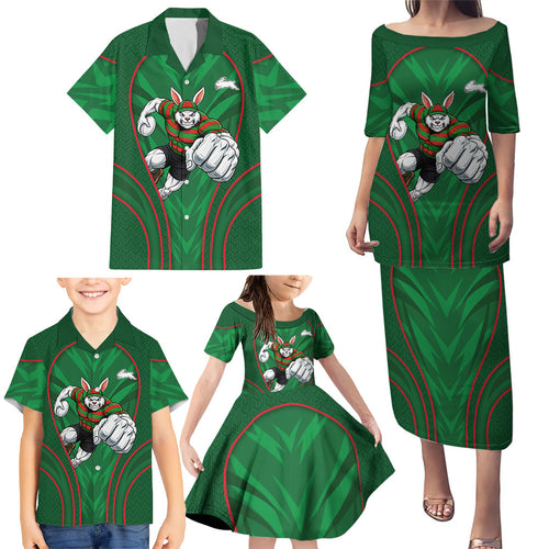 South Sydney Rabbitohs Rugby Mascot Family Matching Puletasi and Hawaiian Shirt Australian Rugby Culture - Tribal Inspired Bunny