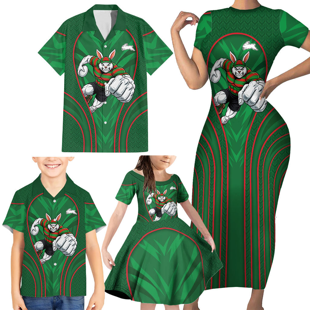 South Sydney Rabbitohs Rugby Mascot Family Matching Short Sleeve Bodycon Dress and Hawaiian Shirt Australian Rugby Culture - Tribal Inspired Bunny