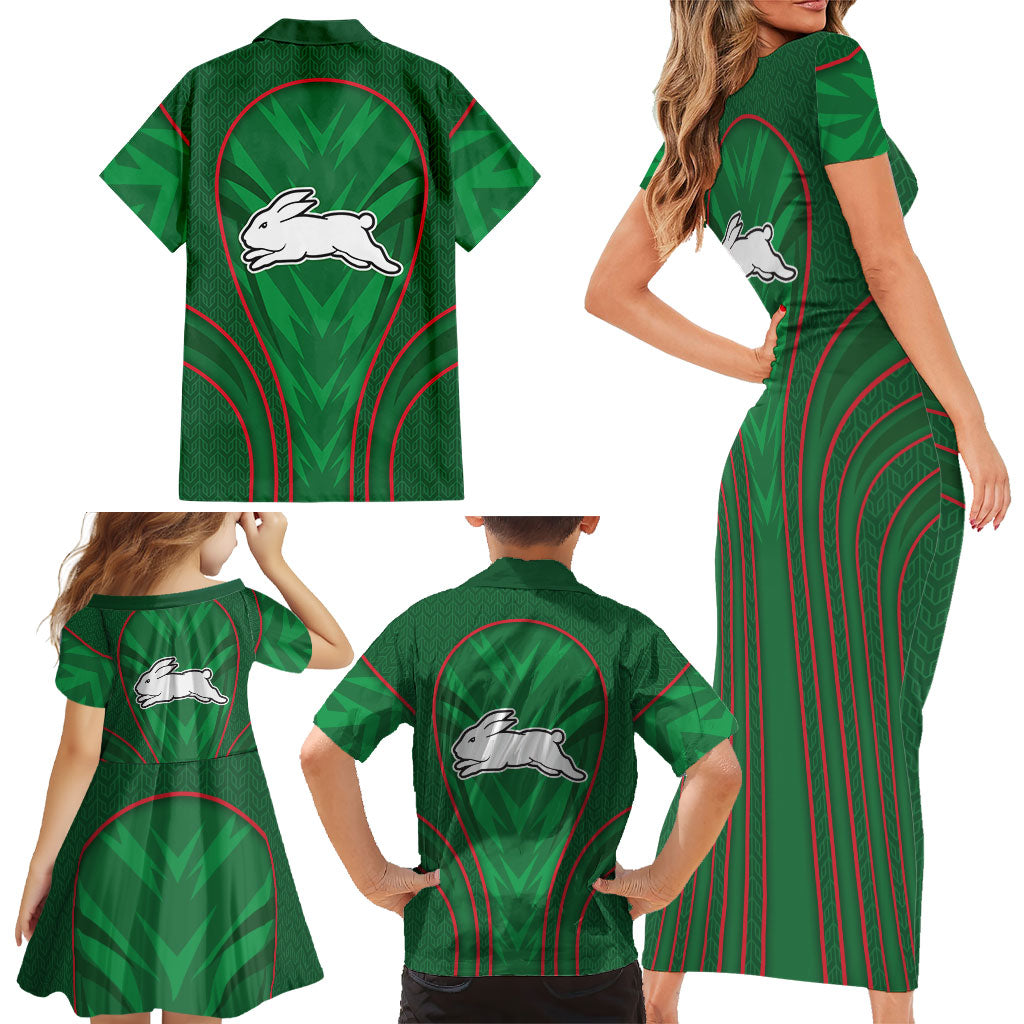 South Sydney Rabbitohs Rugby Mascot Family Matching Short Sleeve Bodycon Dress and Hawaiian Shirt Australian Rugby Culture - Tribal Inspired Bunny