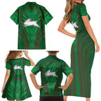 South Sydney Rabbitohs Rugby Mascot Family Matching Short Sleeve Bodycon Dress and Hawaiian Shirt Australian Rugby Culture - Tribal Inspired Bunny