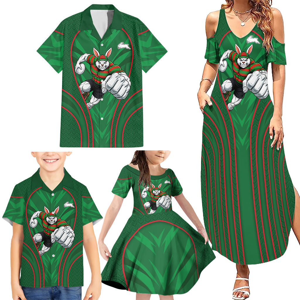 South Sydney Rabbitohs Rugby Mascot Family Matching Summer Maxi Dress and Hawaiian Shirt Australian Rugby Culture - Tribal Inspired Bunny