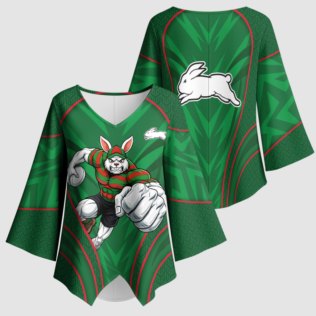 South Sydney Rabbitohs Rugby Mascot Kimono Sleeve Blouse Australian Rugby Culture - Tribal Inspired Bunny
