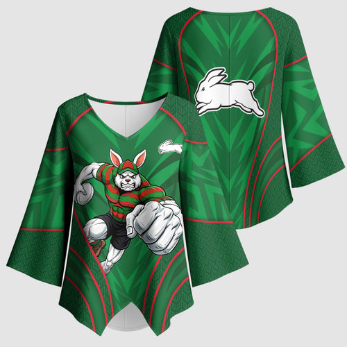 South Sydney Rabbitohs Rugby Mascot Kimono Sleeve Blouse Australian Rugby Culture - Tribal Inspired Bunny