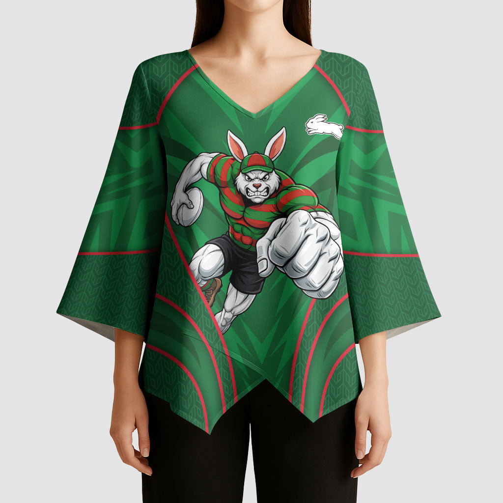 South Sydney Rabbitohs Rugby Mascot Kimono Sleeve Blouse Australian Rugby Culture - Tribal Inspired Bunny