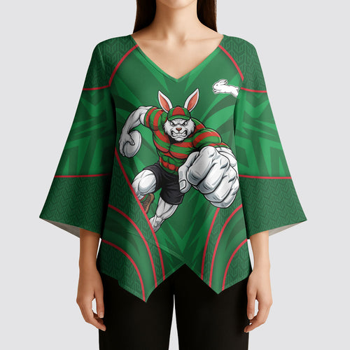 South Sydney Rabbitohs Rugby Mascot Kimono Sleeve Blouse Australian Rugby Culture - Tribal Inspired Bunny