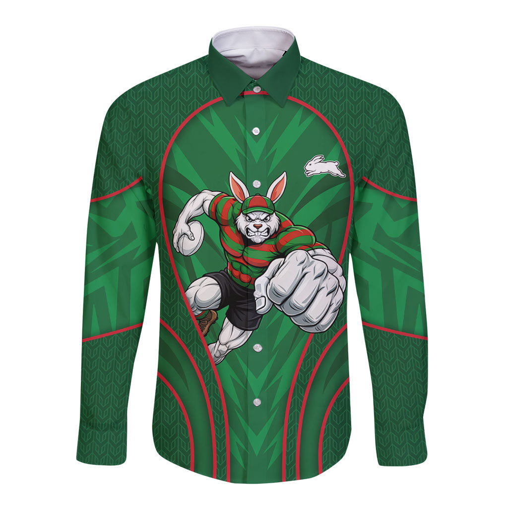 South Sydney Rabbitohs Rugby Mascot Long Sleeve Button Shirt Australian Rugby Culture - Tribal Inspired Bunny