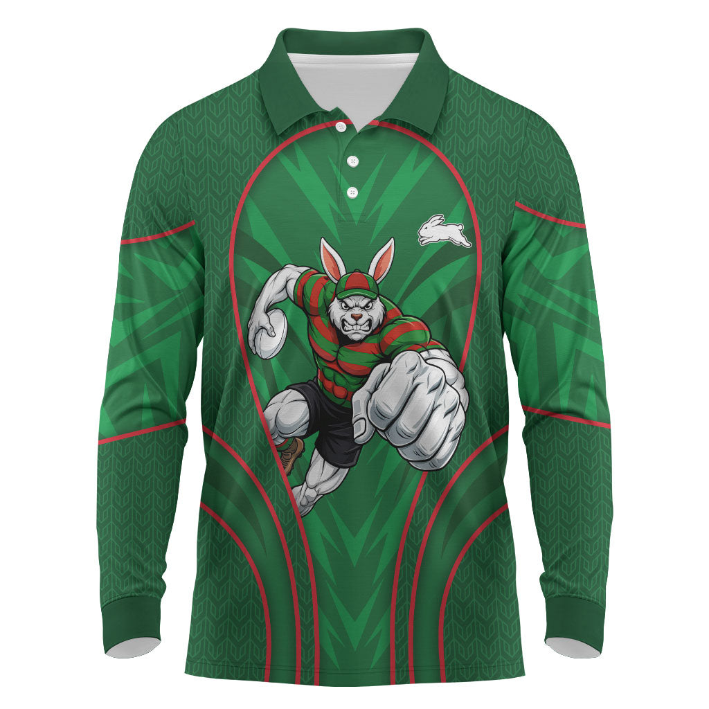 South Sydney Rabbitohs Rugby Mascot Long Sleeve Polo Shirt Australian Rugby Culture - Tribal Inspired Bunny