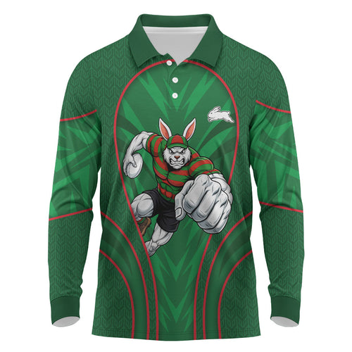 South Sydney Rabbitohs Rugby Mascot Long Sleeve Polo Shirt Australian Rugby Culture - Tribal Inspired Bunny