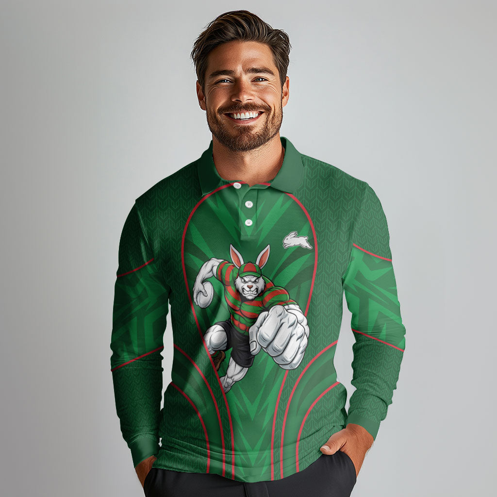 South Sydney Rabbitohs Rugby Mascot Long Sleeve Polo Shirt Australian Rugby Culture - Tribal Inspired Bunny