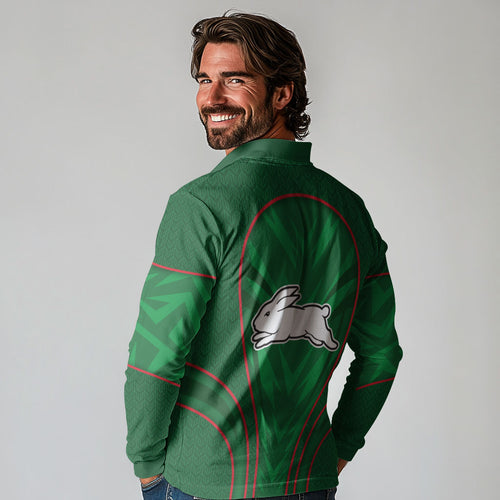 South Sydney Rabbitohs Rugby Mascot Long Sleeve Polo Shirt Australian Rugby Culture - Tribal Inspired Bunny