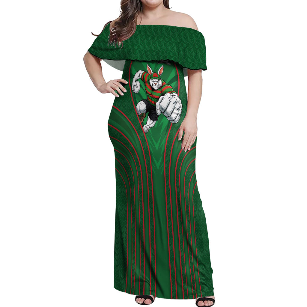South Sydney Rabbitohs Rugby Mascot Off Shoulder Maxi Dress Australian Rugby Culture - Tribal Inspired Bunny