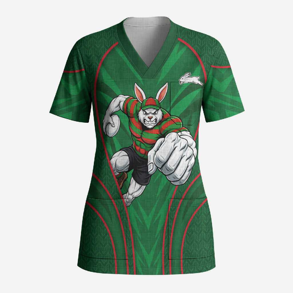 South Sydney Rabbitohs Rugby Mascot Scrub Top Australian Rugby Culture - Tribal Inspired Bunny