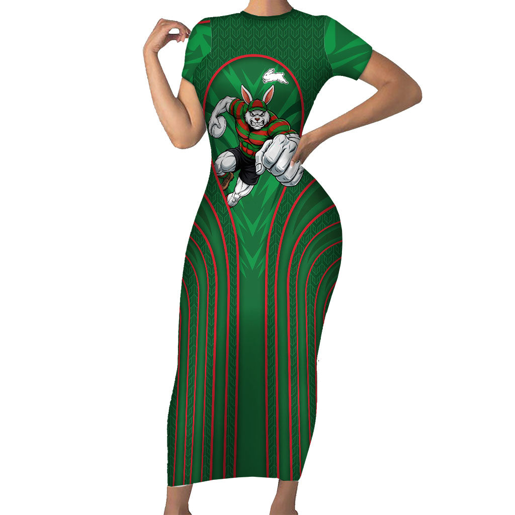 South Sydney Rabbitohs Rugby Mascot Short Sleeve Bodycon Dress Australian Rugby Culture - Tribal Inspired Bunny