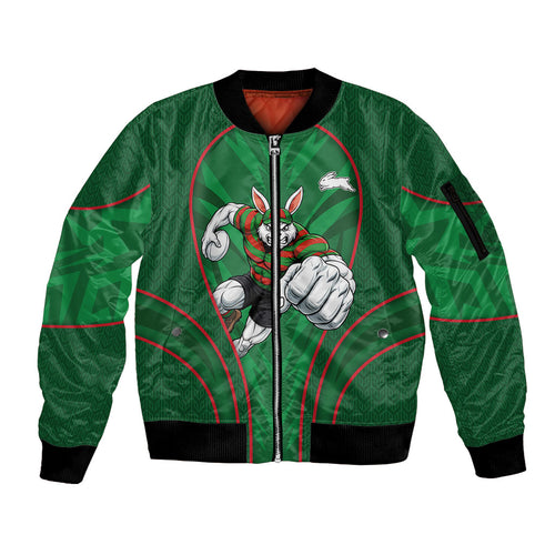 South Sydney Rabbitohs Rugby Mascot Sleeve Zip Bomber Jacket Australian Rugby Culture - Tribal Inspired Bunny