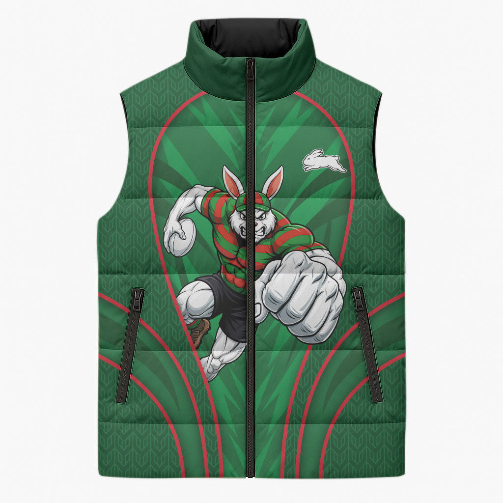South Sydney Rabbitohs Rugby Mascot Sleeveless Puffer Jacket Australian Rugby Culture - Tribal Inspired Bunny
