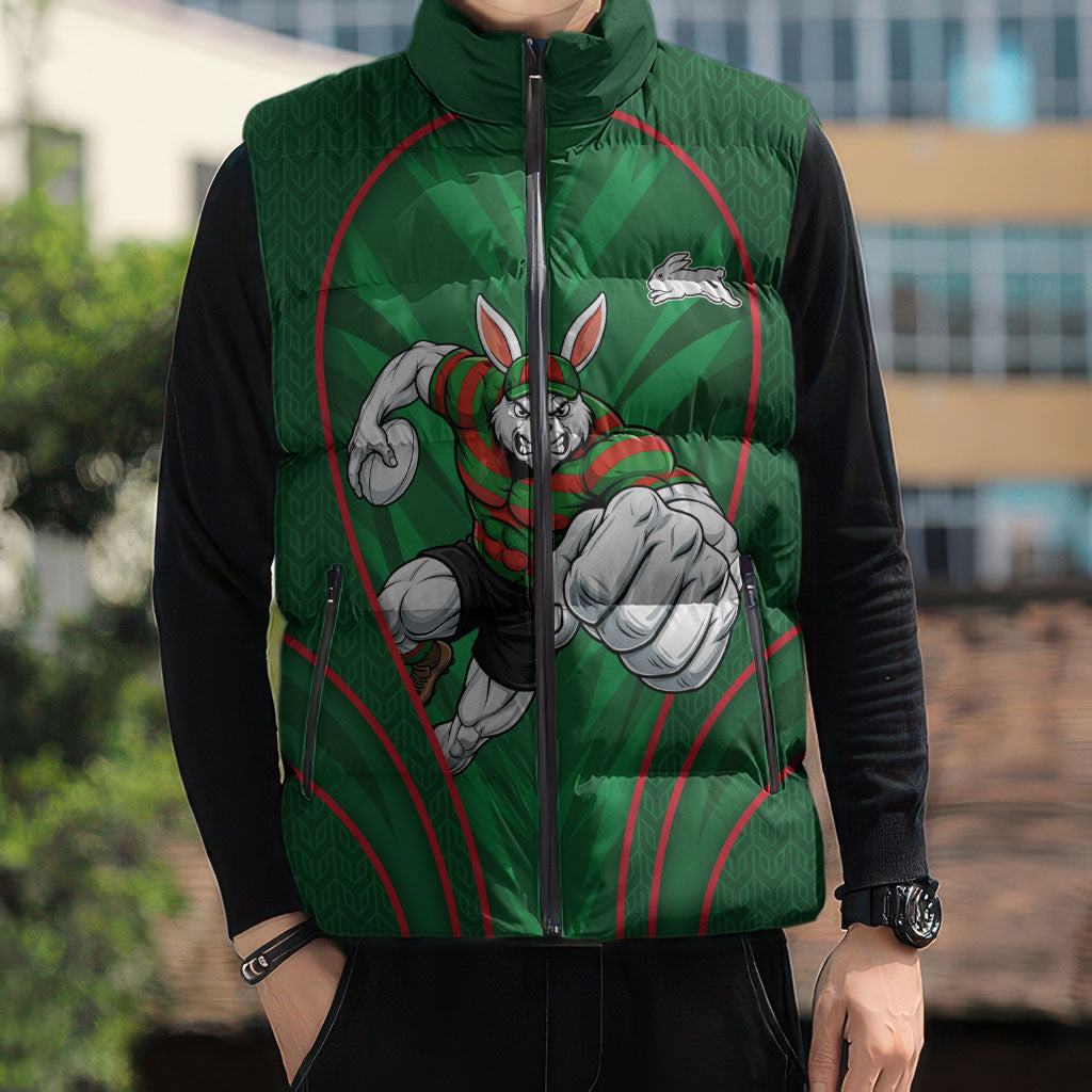 South Sydney Rabbitohs Rugby Mascot Sleeveless Puffer Jacket Australian Rugby Culture - Tribal Inspired Bunny