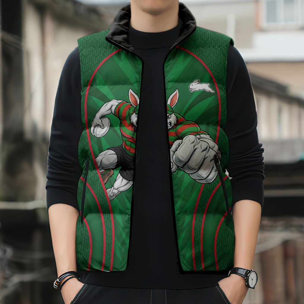 South Sydney Rabbitohs Rugby Mascot Sleeveless Puffer Jacket Australian Rugby Culture - Tribal Inspired Bunny