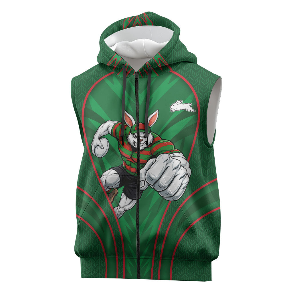 South Sydney Rabbitohs Rugby Mascot Sleeveless Zip Hoodie Australian Rugby Culture - Tribal Inspired Bunny