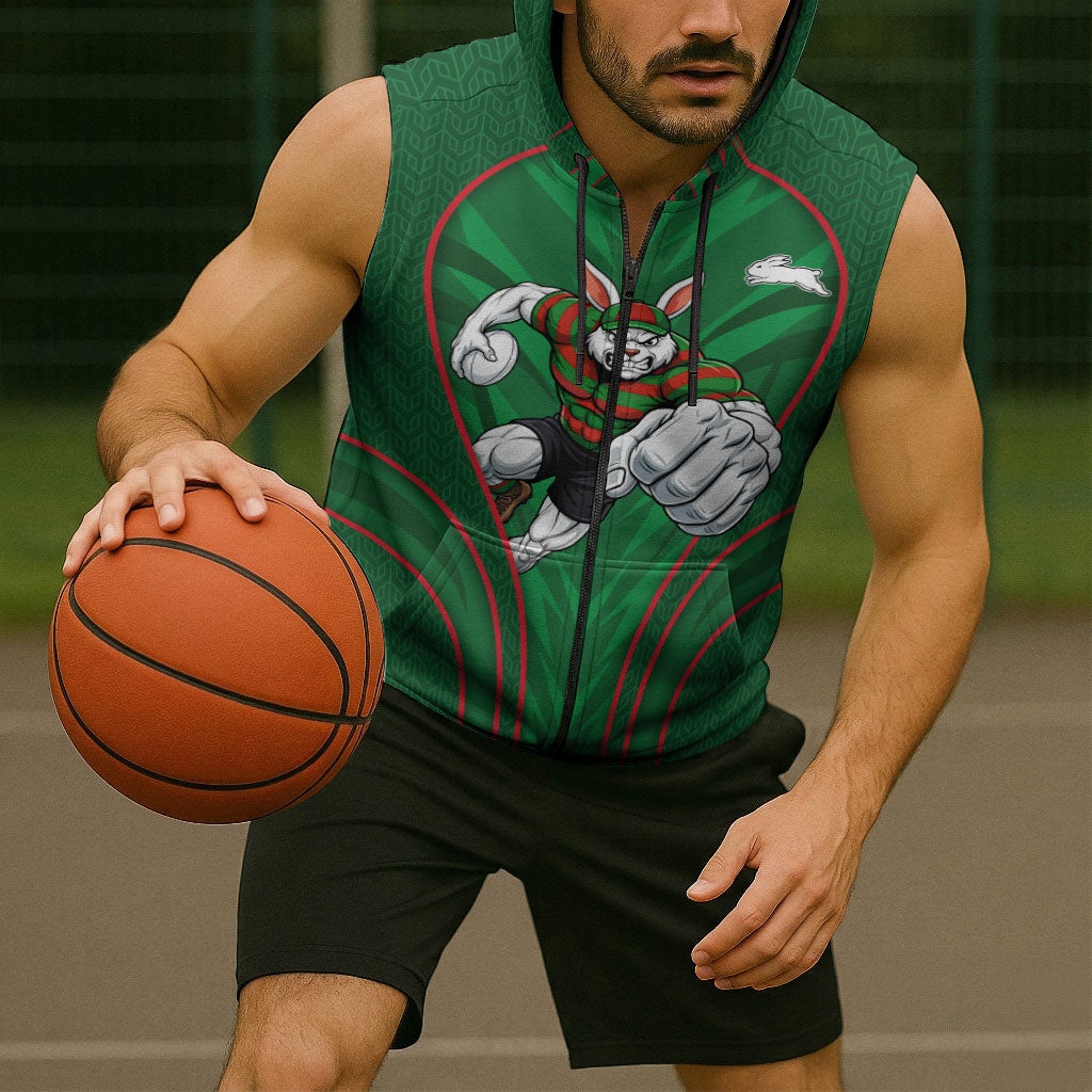 South Sydney Rabbitohs Rugby Mascot Sleeveless Zip Hoodie Australian Rugby Culture - Tribal Inspired Bunny