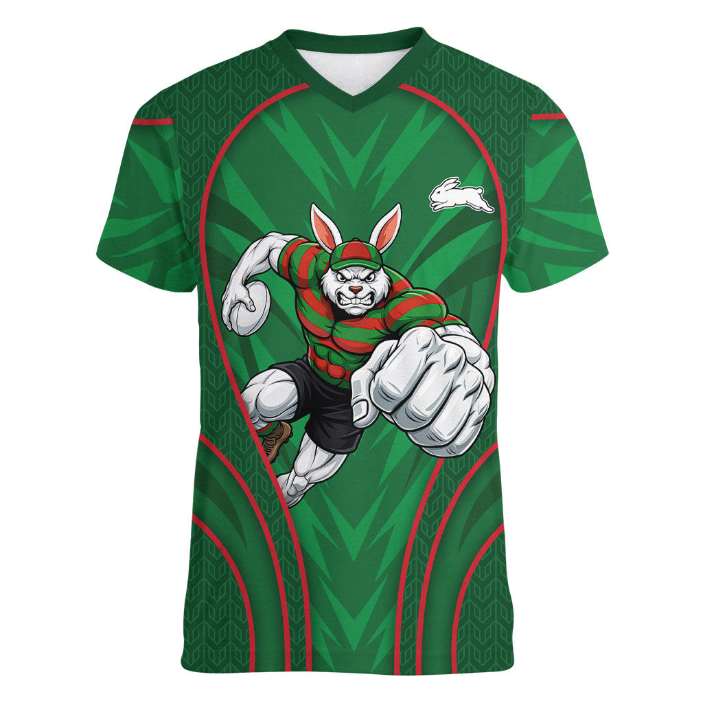 South Sydney Rabbitohs Rugby Mascot Women V-Neck T-Shirt Australian Rugby Culture - Tribal Inspired Bunny
