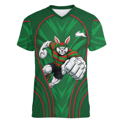 South Sydney Rabbitohs Rugby Mascot Women V-Neck T-Shirt Australian Rugby Culture - Tribal Inspired Bunny