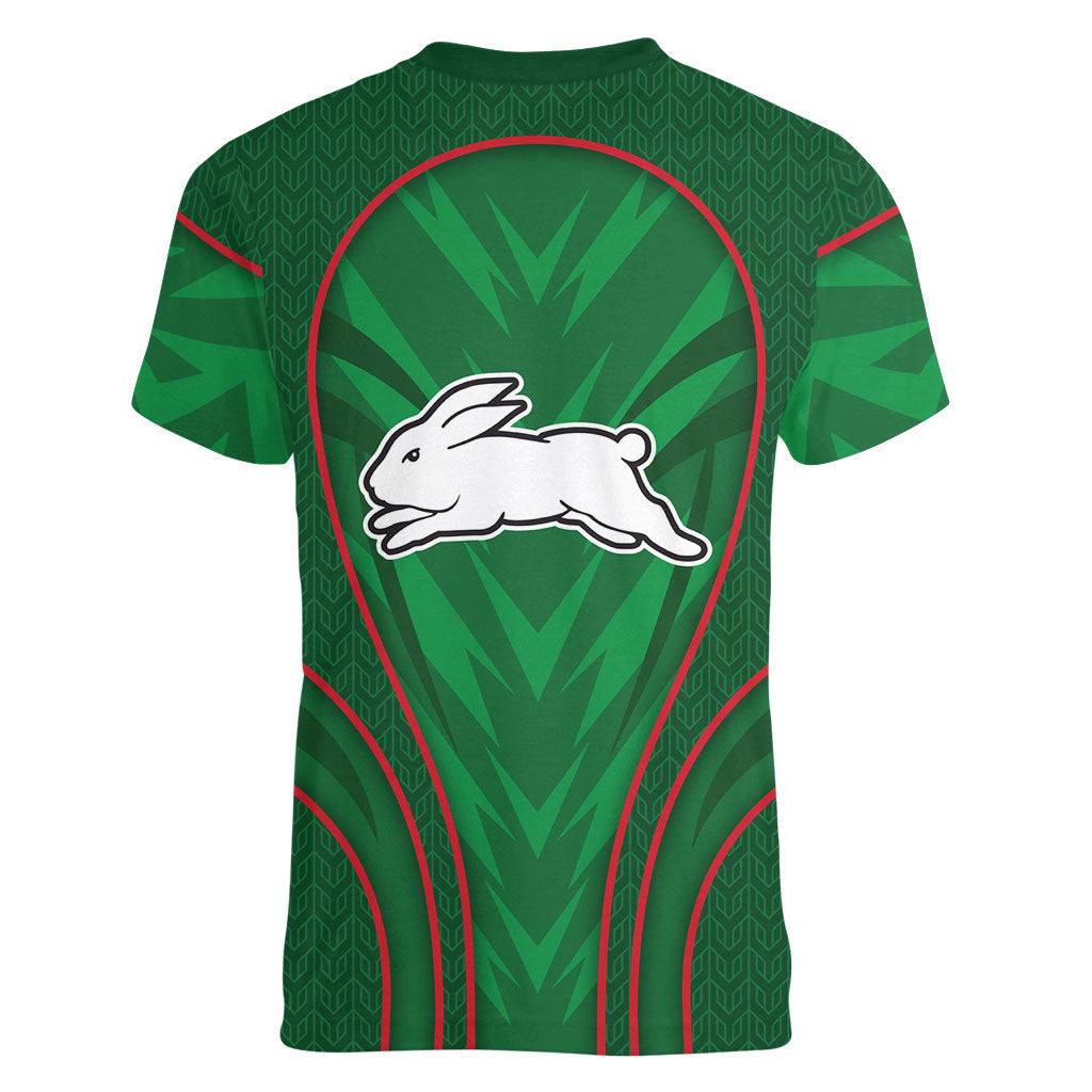 South Sydney Rabbitohs Rugby Mascot Women V-Neck T-Shirt Australian Rugby Culture - Tribal Inspired Bunny