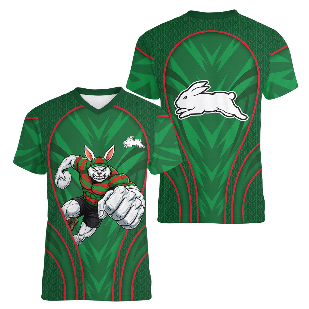 South Sydney Rabbitohs Rugby Mascot Women V-Neck T-Shirt Australian Rugby Culture - Tribal Inspired Bunny