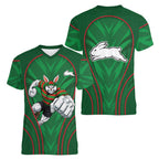 South Sydney Rabbitohs Rugby Mascot Women V-Neck T-Shirt Australian Rugby Culture - Tribal Inspired Bunny