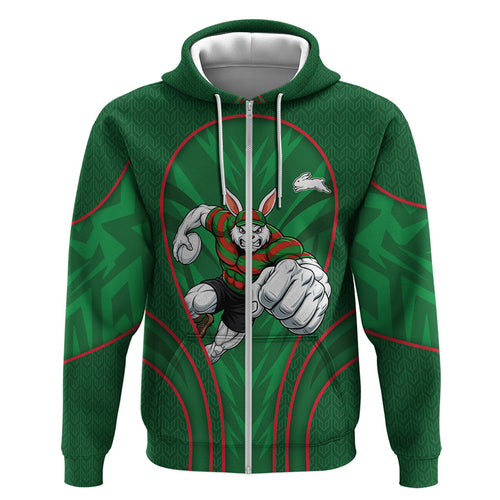 South Sydney Rabbitohs Rugby Mascot Zip Hoodie Australian Rugby Culture - Tribal Inspired Bunny