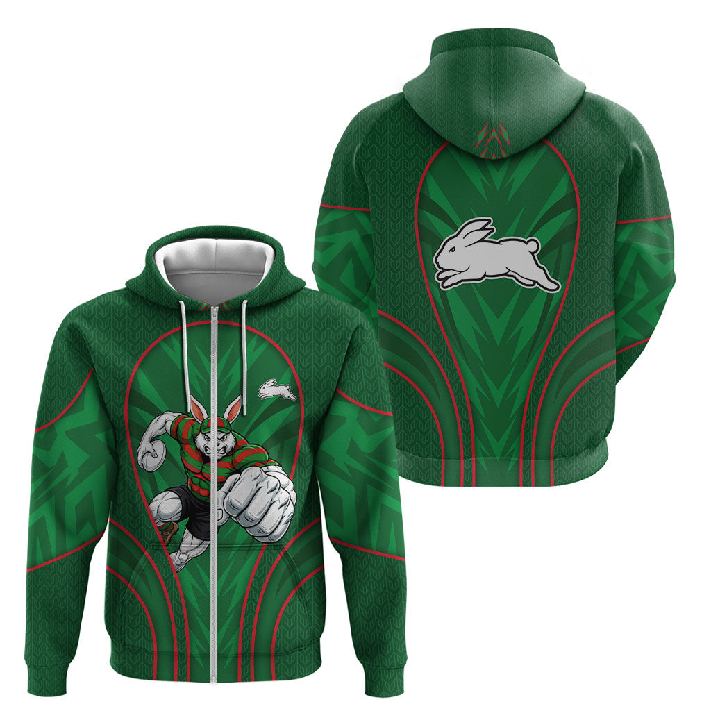 South Sydney Rabbitohs Rugby Mascot Zip Hoodie Australian Rugby Culture - Tribal Inspired Bunny