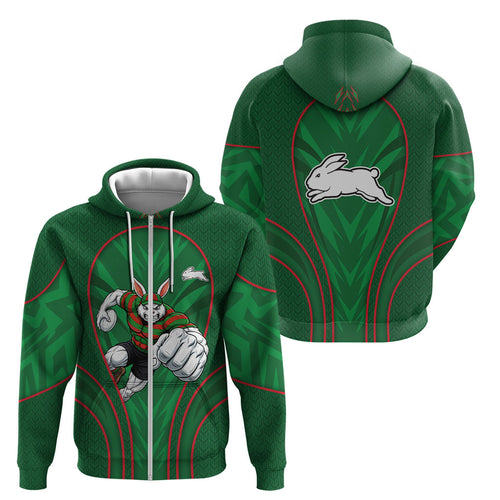 South Sydney Rabbitohs Rugby Mascot Zip Hoodie Australian Rugby Culture - Tribal Inspired Bunny