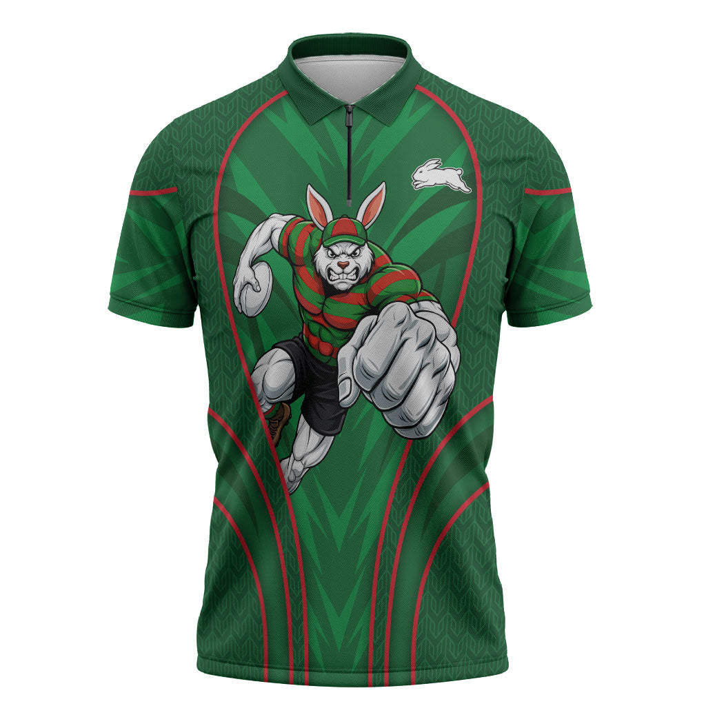 South Sydney Rabbitohs Rugby Mascot Zipper Polo Shirt Australian Rugby Culture - Tribal Inspired Bunny