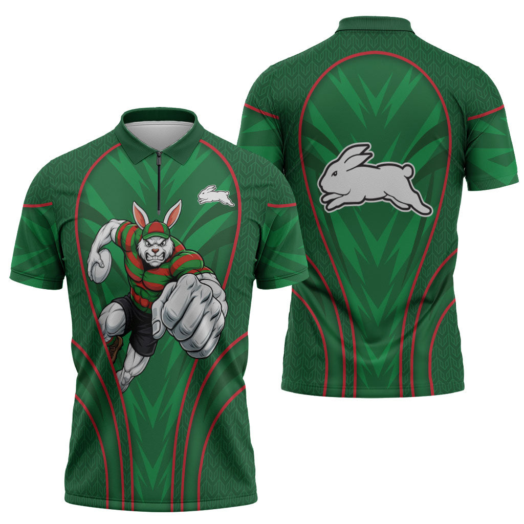 South Sydney Rabbitohs Rugby Mascot Zipper Polo Shirt Australian Rugby Culture - Tribal Inspired Bunny