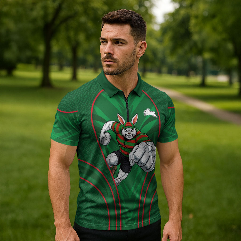 South Sydney Rabbitohs Rugby Mascot Zipper Polo Shirt Australian Rugby Culture - Tribal Inspired Bunny
