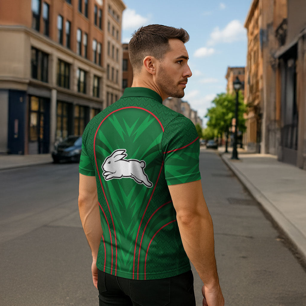 South Sydney Rabbitohs Rugby Mascot Zipper Polo Shirt Australian Rugby Culture - Tribal Inspired Bunny