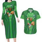 Canberra Raiders Rugby Mascot Couples Matching Long Sleeve Bodycon Dress and Hawaiian Shirt Australian Rugby Culture - Tribal Inspired Viking Warrior