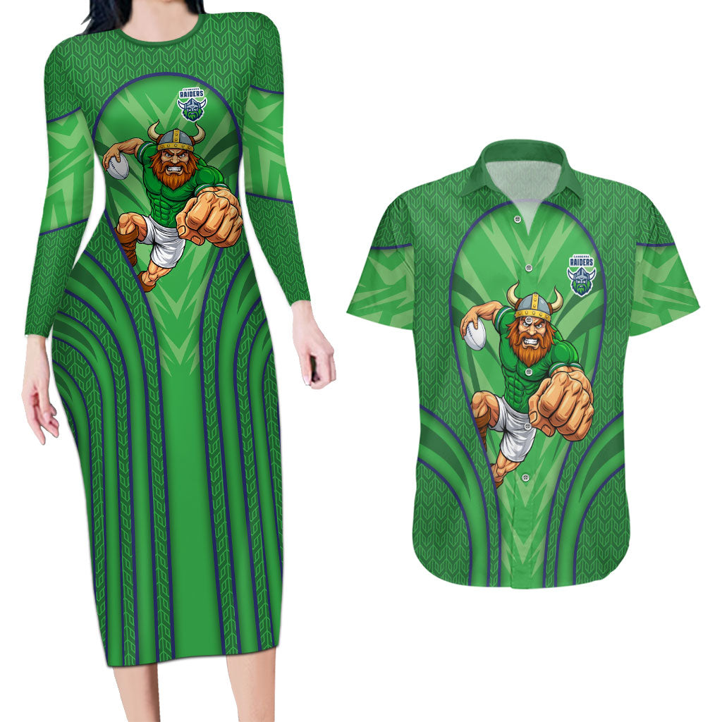 Canberra Raiders Rugby Mascot Couples Matching Long Sleeve Bodycon Dress and Hawaiian Shirt Australian Rugby Culture - Tribal Inspired Viking Warrior