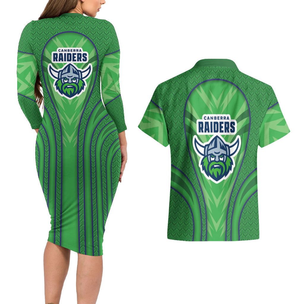 Canberra Raiders Rugby Mascot Couples Matching Long Sleeve Bodycon Dress and Hawaiian Shirt Australian Rugby Culture - Tribal Inspired Viking Warrior