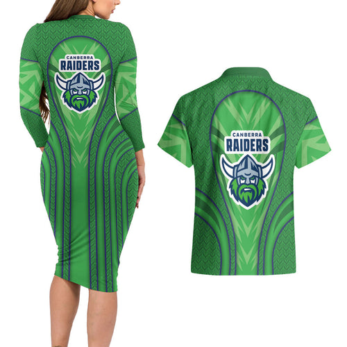 Canberra Raiders Rugby Mascot Couples Matching Long Sleeve Bodycon Dress and Hawaiian Shirt Australian Rugby Culture - Tribal Inspired Viking Warrior